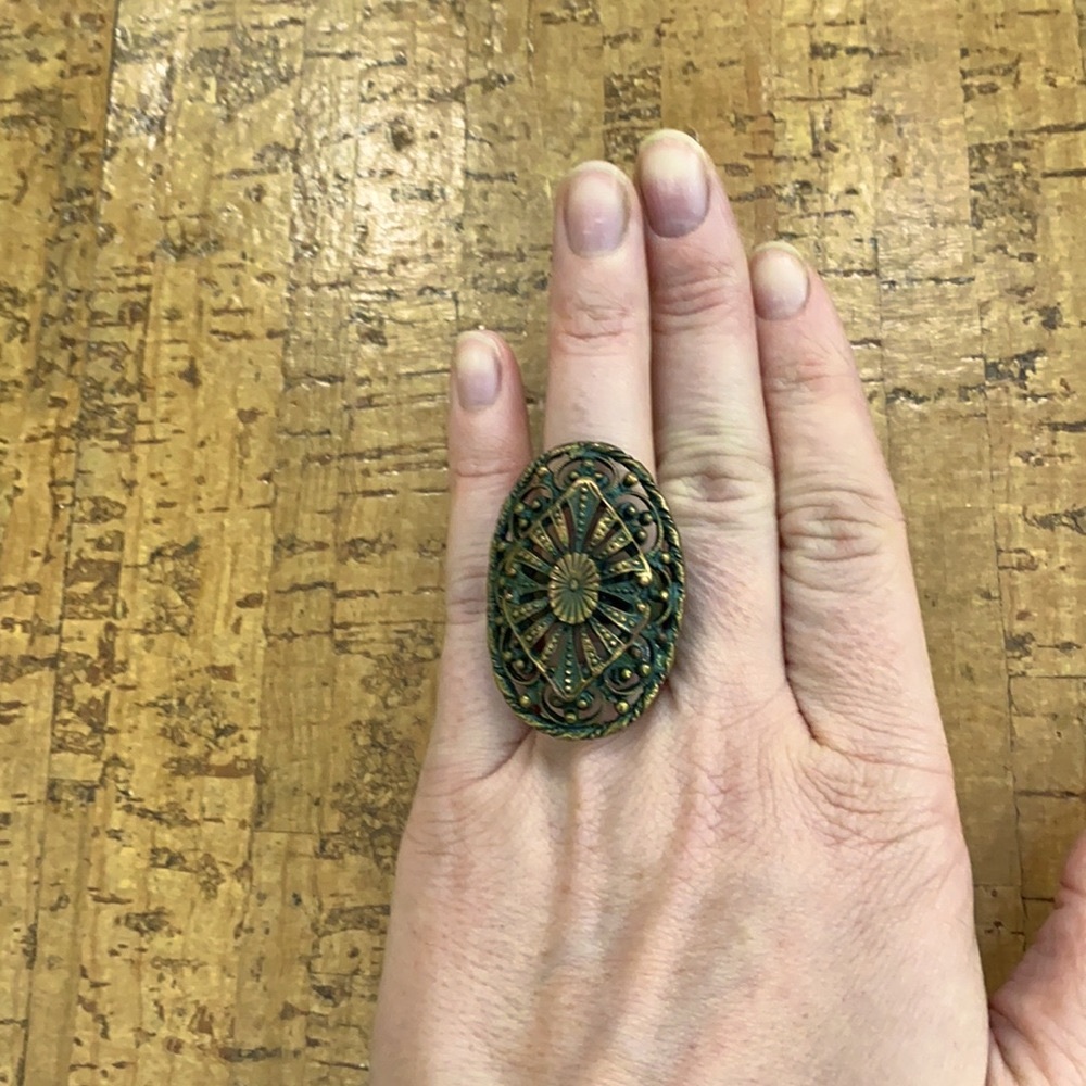 Art Deco Brass Filigree Cocktail Ring sz 9.25